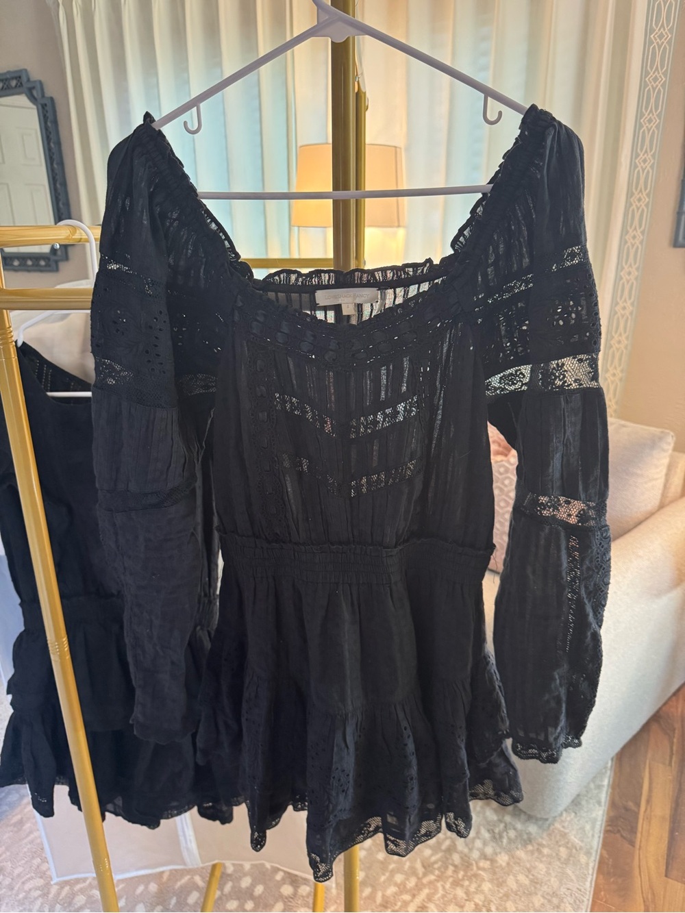 LoveShackFancy Black Mini Dress with Lace Insets